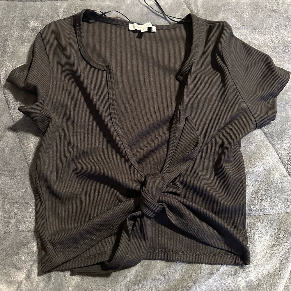 Black ribbed cropped front tie top